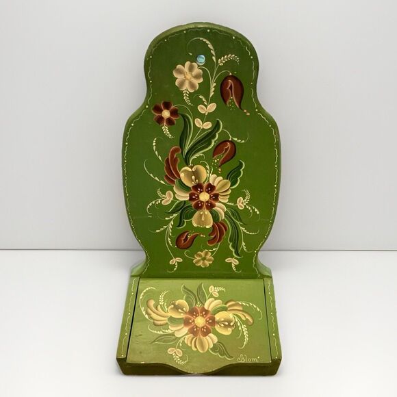 Vintage Handpainted Green Toleware Hanging Decorative Salt Box Flowers Signed - Picture 1 of 6